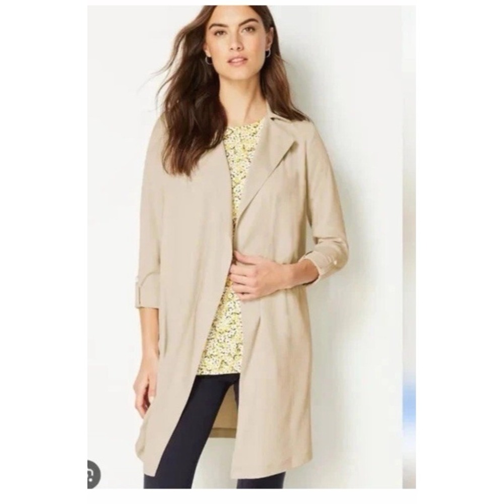 J. Jill Beige Wearever Draped Open Front Light Weight Trench Jacket XL Cardigan